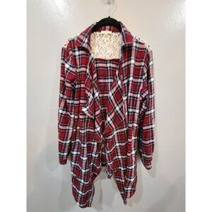 Kori American Blouse Women's M Red Flannel Plaid Long Line Lacey Fall Cardigan